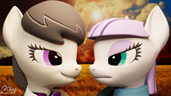 Size: 3840x2160 | Tagged: safe, artist:quicktimepony, character:maud pie, character:octavia melody, species:earth pony, species:pony, 3d, blender, clothing, female, lesbian, mane, not amused face, outdoors, signature, smiling, wallpaper
