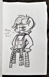 Size: 711x1124 | Tagged: safe, artist:shoeunit, character:roseluck, species:earth pony, species:pony, clothing, dialogue, female, mare, pencil drawing, solo, traditional art