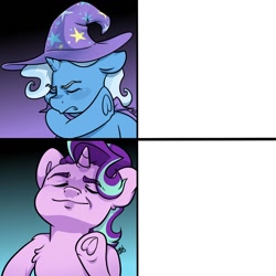 Size: 894x894 | Tagged: safe, artist:midnightpremiere, character:starlight glimmer, character:trixie, species:pony, species:unicorn, frog (hoof), hotline bling, meme, meme template, template, underhoof