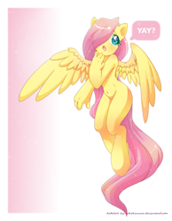 Size: 1400x1800 | Tagged: safe, artist:yokokinawa, character:fluttershy, species:anthro, species:unguligrade anthro, ambiguous facial structure, belly button, female, flying, hair over one eye, looking at you, solo, yay