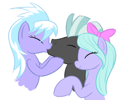 Size: 665x535 | Tagged: safe, artist:tggeko, character:cloudchaser, character:flitter, character:thunderlane, species:pegasus, species:pony, ship:flitterlane, ship:thunderchaser, g4, bow, cropped, eyes closed, female, hair bow, kissing, male, mare, polyamory, profile, shipping, stallion, straight, thunderlane gets all the mares