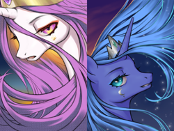 Size: 2560x1920 | Tagged: safe, artist:amarthgul, character:princess celestia, character:princess luna, species:alicorn, species:pony, alternate design, crown, female, jewelry, makeup, mare, open mouth, pink-mane celestia, regalia, royal sisters, siblings, sisters, smiling