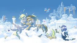 Size: 1920x1080 | Tagged: safe, artist:saturnspace, character:daring do, character:derpy hooves, character:discord, character:doctor whooves, character:fluttershy, character:princess cadance, character:princess celestia, character:princess luna, character:rainbow dash, character:rarity, character:star hunter, character:surprise, character:thunderlane, character:time turner, character:wild fire, species:alicorn, species:draconequus, species:pegasus, species:pony, ship:doctorderpy, g1, ask discorded whooves, banana, cloud, cloudsdale, cloudy, computer, crossover, discord whooves, doctor who, dorothy, female, flying, g1 to g4, generation leap, gossamer wings, jack harkness, laptop computer, male, mare, ponidox, rainbow waterfall, scenery, self ponidox, shipping, sibsy, sonic screwdriver, straight, tardis, the doctor, timelord ponidox