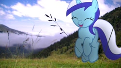 Size: 1192x670 | Tagged: safe, artist:bastbrushie, artist:vbastv, character:minuette, species:pony, species:unicorn, blue sky, cloud, irl, moutain, photo, ponies in real life, solo