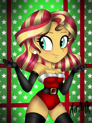 Size: 1536x2048 | Tagged: safe, artist:artmlpk, character:sunset shimmer, my little pony:equestria girls, alternate hairstyle, bare shoulders, belt, blushing, boots, breasts, christmas, christmas outfit, cleavage, clothing, cute, ear piercing, earring, evening gloves, female, gloves, hips, holiday, jewelry, leotard, long gloves, looking at you, looking back, piercing, shimmerbetes, shoes, short hair, smiling, smirk, socks, solo, thigh boots, thigh highs, thighs
