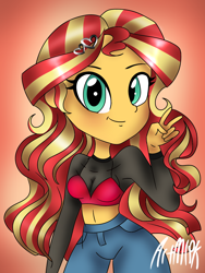 Size: 1536x2048 | Tagged: safe, artist:artmlpk, character:sunset shimmer, my little pony:equestria girls, blushing, bra, clothing, crop top bra, cute, fashion, female, hairpin, jeans, looking at you, pants, peace sign, shimmerbetes, smiling, solo, underwear
