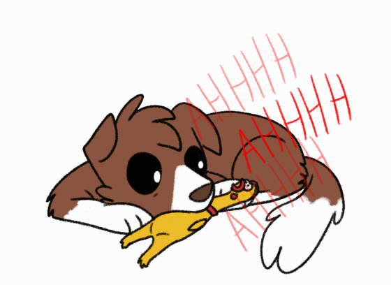 Size: 560x408 | Tagged: safe, artist:askwinonadog, character:winona, species:dog, animated, ask winona, chew toy, dog toy, female, gif, prone, rubber chicken, screaming, simple background, solo, squeaky toy, white background