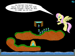 Size: 600x450 | Tagged: safe, artist:quint-t-w, character:fluttershy, species:pegasus, species:pony, crossover, dialogue, flying, lemmings, old art, single panel, video game crossover