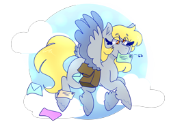 Size: 1280x932 | Tagged: safe, artist:cubbybatdoodles, character:derpy hooves, species:pegasus, species:pony, cloud, colored wings, envelope, female, flying, hoof fluff, mailbag, mailmare, mare, missing cutie mark, mouth hold, music notes, simple background, solo, spread wings, tail feathers, transparent background, two toned wings, wings