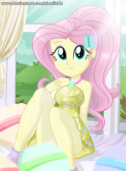 Size: 643x873 | Tagged: safe, artist:charliexe, character:fluttershy, my little pony:equestria girls, adorasexy, beautiful, beautisexy, clothing, crepuscular rays, cute, digital art, dress, female, legs, schrödinger's pantsu, sexy, shyabetes, sitting, smiling, solo, thighs, updated, url
