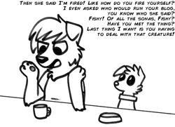 Size: 475x343 | Tagged: safe, artist:askwinonadog, character:winona, oc, oc:mod dog, species:anthro, species:dog, anthro oc, ask winona, black and white, coffee mug, description is relevant, food bowl, furry oc, grayscale, lineart, monochrome, mug, simple background, white background