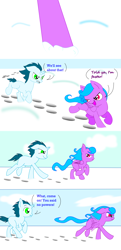Size: 630x1300 | Tagged: safe, artist:auroraswirls, oc, oc only, species:alicorn, species:pony, species:unicorn, comic:tainted hearts, angry, colt, comic, female, filly, gritted teeth, hoofprints, horn, looking back, male, running, snow, unicorn oc
