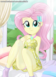 Size: 643x873 | Tagged: safe, alternate version, artist:charliexe, character:fluttershy, my little pony:equestria girls, adorasexy, clothing, crepuscular rays, cute, digital art, dress, female, legs, panties, panty shot, pink underwear, sexy, shyabetes, sitting, smiling, solo, thighs, underwear, updated, upskirt, url