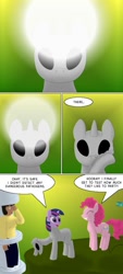 Size: 455x1010 | Tagged: safe, artist:quint-t-w, character:pinkie pie, character:twilight sparkle, species:earth pony, species:human, species:pony, species:unicorn, alien abduction, comic, confused, dialogue, everything went better than expected, female, hazmat suit, light, old art, restrained, rubber suit