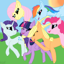 Size: 1000x1000 | Tagged: safe, artist:rainbow dash is best pony, character:applejack, character:fluttershy, character:pinkie pie, character:rainbow dash, character:rarity, character:twilight sparkle, character:twilight sparkle (alicorn), species:alicorn, species:earth pony, species:pegasus, species:pony, species:unicorn, flying, happy, mane six, one eye closed, open mouth, spread wings, sun, wings