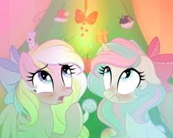 Size: 2048x1641 | Tagged: safe, artist:emberslament, oc, oc only, oc:bay breeze, oc:mirabelle, species:pegasus, species:pony, species:unicorn, blushing, bow, christmas, christmas tree, cute, duo, female, hair bow, holiday, holly, holly mistaken for mistletoe, looking up, ocbetes, open mouth, tree, ych result