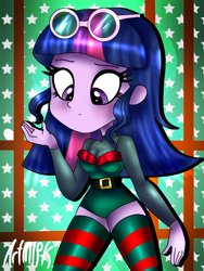 Size: 1536x2048 | Tagged: safe, artist:artmlpk, character:twilight sparkle, character:twilight sparkle (scitwi), species:eqg human, my little pony:equestria girls, adorkable, alternate hairstyle, belt, blushing, christmas, clothing, costume, cute, design, dork, elf costume, female, glasses, holiday, looking down, socks, solo, striped socks, thigh highs, thigh socks, twiabetes