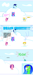 Size: 700x1580 | Tagged: safe, artist:auroraswirls, oc, oc only, oc:aurora swirls, species:pony, species:unicorn, comic:tainted hearts, ..., brain freeze, colt, comic, derp, female, filly, horn, male, mare, one eye closed, snow, snowball, thought bubble, tongue out, unamused, unicorn oc, wink