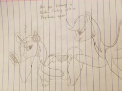 Size: 4032x3024 | Tagged: safe, artist:rainbow dash is best pony, character:rainbow dash, oc, oc:rainbowrio, species:alicorn, species:pegasus, species:pony, flying, headphones, implied derpibooru, implied rainbow factory, lined paper, pencil drawing, phone, question mark, spread wings, text, traditional art, wings