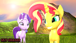 Size: 1920x1080 | Tagged: safe, artist:sky chaser, character:starlight glimmer, character:sunset shimmer, species:pony, species:unicorn, 3d, female, mare, mountain, revamped ponies, smiling, source filmmaker