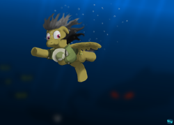 Size: 700x500 | Tagged: safe, artist:quint-t-w, character:daring do, species:pegasus, species:pony, blurred background, bubble, clothing, glowing eyes, hat, holding breath, light, ocean, old art, ominous, pith helmet, sea monster, swimming, thalassophobia, underwater