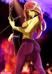 Size: 2894x4093 | Tagged: safe, artist:rambon7, character:sunset shimmer, episode:let it rain, g4, my little pony: equestria girls, my little pony:equestria girls, spoiler:eqg series (season 2), acoustic guitar, ass, bedroom eyes, bunset shimmer, butt, clothing, digital art, female, guitar, high res, leotard, looking at you, looking back, looking back at you, looking over shoulder, microphone, musical instrument, pants, scenery, sexy, smiling, solo, thong leotard