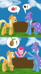 Size: 450x800 | Tagged: safe, artist:quint-t-w, character:applejack, character:pinkie pie, character:trixie, species:earth pony, species:pony, species:unicorn, apple, argument, cape, clothing, comic, eye contact, female, food, hat, looking at each other, mare, old art, pineapple, pinecone, pun, rearing, shocked, smiling, trixie eating pinecones, trixie's cape, trixie's hat, visual gag