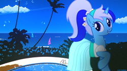 Size: 3840x2160 | Tagged: safe, artist:bastbrushie, character:minuette, species:pony, species:unicorn, beach, blue sky, cloud, don bluth, palm, palm tree, pixel art, swimming pool, thumbelina, tree