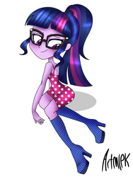 Size: 1536x2048 | Tagged: safe, artist:artmlpk, character:twilight sparkle, character:twilight sparkle (scitwi), species:eqg human, my little pony:equestria girls, boots, cute, female, high heel boots, high heels, looking down, shoes, short dress, simple background, sitting, solo, twiabetes, white background