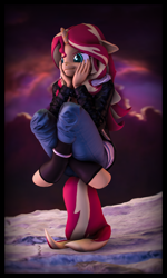 Size: 3840x6400 | Tagged: safe, artist:imafutureguitarhero, character:sunset shimmer, species:anthro, species:pony, species:unguligrade anthro, species:unicorn, 3d, :i, absurd file size, absurd resolution, boots, border, bored, chromatic aberration, clothing, cloud, colored eyebrows, colored eyelashes, crossed legs, cute, female, film grain, floppy ears, hands on cheeks, hands on head, hoodie, horn, jacket, jeans, leather, leather boots, leather jacket, long hair, long mane, mare, multicolored hair, nose wrinkle, outdoors, pants, prehensile tail, revamped anthros, revamped ponies, scrunchy face, shimmerbetes, shoes, signature, solo, source filmmaker, tail stand, vertical
