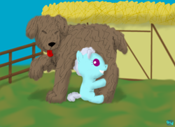 Size: 550x400 | Tagged: safe, artist:quint-t-w, character:screw loose, species:dog, species:earth pony, species:pony, female, fence, filly, foal, house, hug, old art, tongue out