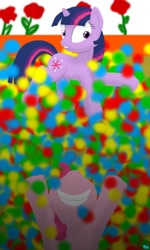 Size: 600x1000 | Tagged: safe, artist:quint-t-w, character:pinkie pie, character:twilight sparkle, character:twilight sparkle (unicorn), species:earth pony, species:pony, species:unicorn, ball pit, decoration, flower, grin, jaws, lip bite, old art, parody, smiling, swimming