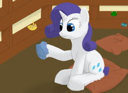 Size: 550x400 | Tagged: safe, artist:quint-t-w, character:rarity, species:pony, species:unicorn, female, horseshoes, old art, pillow, sitting, solo