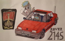 Size: 1117x716 | Tagged: safe, artist:rapidsnap, oc, oc only, oc:lime zest, species:pegasus, species:pony, car, male, rover (car), rover 200 series, simple background, stallion, tongue out, traditional art, white background
