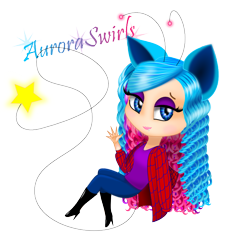 Size: 700x700 | Tagged: safe, artist:auroraswirls, oc, oc only, oc:aurora swirls, species:human, boots, clothing, eared humanization, female, high heel boots, humanized, makeup, shoes, simple background, sitting, smiling, text, transparent background, waving