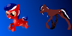 Size: 1200x600 | Tagged: safe, artist:auroraswirls, base used, oc, oc:private i, species:crystal pony, species:earth pony, species:pony, colt, duo, frown, gradient background, grin, happy, male, sad, smiling, stallion, story included