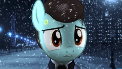 Size: 3840x2160 | Tagged: safe, artist:bastbrushie, species:earth pony, species:pony, android, city, clothing, connor, detroit: become human, night, robot, snow, snowfall, suit, winter
