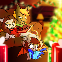Size: 1000x1000 | Tagged: safe, artist:xxmarkingxx, oc, oc:pepper zest, oc:savory zest, oc:scarlet quill, parent:oc:savory zest, parent:oc:scarlet quill, parents:oc x oc, species:bat pony, episode:hearth's warming eve, g4, my little pony: friendship is magic, bat pony oc, christmas, christmas tree, clothing, couch, digital art, family, fangs, female, filly, hearth's warming, holiday, offspring, parents:scarlory, present, scarlory, slit eyes, sweater, tree