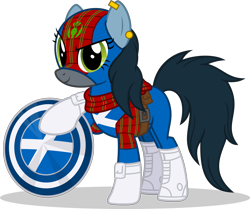 Size: 1280x1072 | Tagged: safe, artist:mlp-trailgrazer, species:pony, captain america, captain scotland, clothing, cosplay, costume, female, mare, scotland, simple background, solo, transparent background