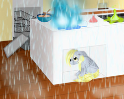Size: 1000x800 | Tagged: safe, artist:auroraswirls, character:derpy hooves, species:pegasus, species:pony, erlenmeyer flask, female, fire, frown, i just don't know what went wrong, lab, mare, oven, solo, sprinkler, water, wet mane