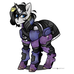Size: 1050x1050 | Tagged: safe, artist:crimmharmony, oc, oc:shadow spade, species:pony, species:unicorn, fallout equestria, armor, beauty mark, black eyeshadow, blank, blank of rarity, blue eyes, commissioner:genki, dead eyes, dirty, fallout equestria: kingpin, gun, handgun, justice mare, lawbringer, ministry of awesome, moa stealth armor, not rarity, pistol, power armor, simple background, solo, tail armor, unicorn oc, weapon, white background