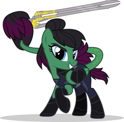 Size: 1280x1263 | Tagged: safe, artist:mlp-trailgrazer, oc, species:pony, clothing, cosplay, costume, female, gamora, mare, marvel, prehensile tail, solo, sword, tail hold, weapon