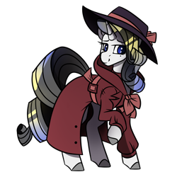Size: 1050x1050 | Tagged: safe, artist:crimmharmony, oc, oc:shadow spade, species:pony, species:unicorn, fallout equestria, episode:sparkle's seven, g4, my little pony: friendship is magic, beauty mark, blank, blank of rarity, blue eyes, clothing, coat, commissioner:genki, detective, detective rarity, fallout equestria: kingpin, hat, justice mare, lawbringer, not rarity, simple background, solo, standing, transparent background, trenchcoat, unicorn oc