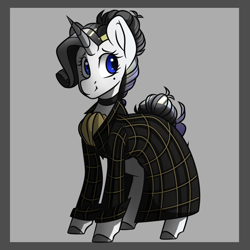 Size: 1050x1050 | Tagged: safe, artist:crimmharmony, oc, oc:shadow spade, species:pony, species:unicorn, fallout equestria, beauty mark, blank, blank of rarity, blue eyes, choker, clothing, commissioner:genki, fallout equestria: kingpin, gray background, justice mare, lawbringer, ministry of image, not rarity, shading, shy, simple background, smiling, solo, trenchcoat, unicorn oc