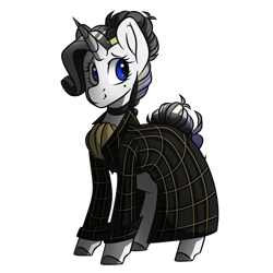 Size: 1050x1050 | Tagged: safe, artist:crimmharmony, oc, oc:shadow spade, species:pony, species:unicorn, fallout equestria, beauty mark, blank, blank of rarity, blue eyes, choker, clothing, commissioner:genki, fallout equestria: kingpin, justice mare, lawbringer, ministry of image, not rarity, shading, shy, smiling, solo, translucent, trenchcoat, unicorn oc