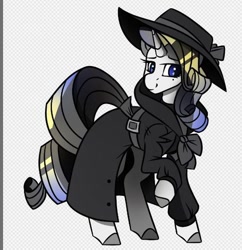 Size: 496x512 | Tagged: safe, artist:crimmharmony, edit, oc, oc:shadow spade, species:pony, species:unicorn, fallout equestria, beauty mark, blank, blank of rarity, blue eyes, clothing, commissioner:genki, detective, fallout equestria: kingpin, justice mare, lawbringer, noir, not rarity, shading, shy, smiling, solo, trenchcoat, unicorn oc