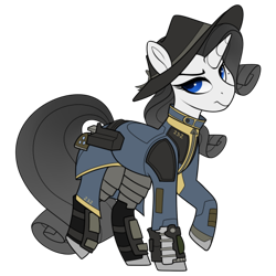 Size: 437x437 | Tagged: safe, artist:crimmharmony, oc, oc:shadow spade, species:pony, species:unicorn, fallout equestria, armor, armored legs, beauty mark, blank, blank of rarity, blue eyes, clothing, commissioner:genki, fallout equestria: kingpin, fanfic, fanfic art, fedora, female, gun, handgun, hat, hooves, horn, justice mare, lawbringer, mare, not rarity, pipboy, pipbuck, raised hoof, revolver, shoes, simple background, solo, stable 232, transparent background, unicorn oc, vault suit, weapon