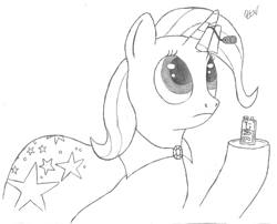 Size: 700x566 | Tagged: safe, artist:quint-t-w, character:trixie, species:pony, species:unicorn, battery, cape, clothing, equestrian innovations, fake horn, female, looking up, old art, pencil drawing, simple background, solo, traditional art, trixie's cape, underhoof, white background