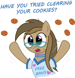 Size: 2992x3125 | Tagged: safe, artist:joey, oc, oc only, oc:dawnsong, species:earth pony, species:pegasus, species:pony, bipedal, clothing, collar, cookie, female, flailing, food, frayed hair, glasses, heart, looking at you, mare, open mouth, pun, shirt, show accurate, simple background, solo, tech support, text, throwing, transparent background, visual gag, wide eyes
