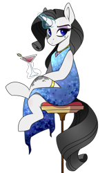 Size: 270x436 | Tagged: safe, artist:crimmharmony, oc, oc:shadow spade, species:pony, species:unicorn, fallout equestria, alcohol, bags under eyes, beauty mark, blank, blank of rarity, blue dress, blue eyes, commissioner:genki, crossed legs, dead eyes, fallout equestria: kingpin, glass, gold rings, jewelry, justice mare, lawbringer, magic, necklace, not rarity, purple eyeshadow, simple background, sitting, solo, sophisticated as hell, sparkling blue dress, sparkling dress, spots, stool, telekinesis, tired, transparent background, unicorn oc, wine, wine glass